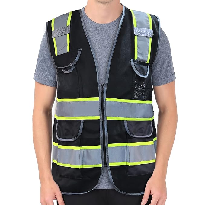 High Visibility Safety Vest, Reflective Neon Waistcoat for Running, Cycling and Sports with 2 Inch Reflective Strips (Black)