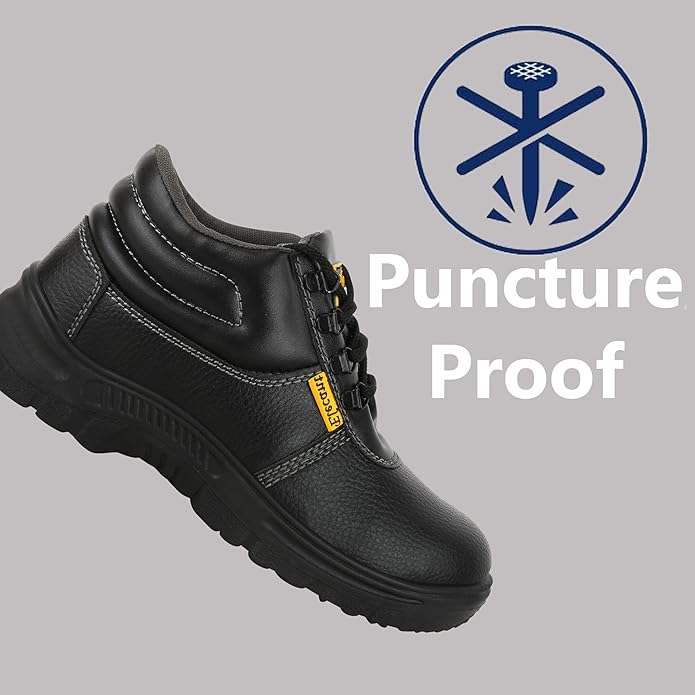 Lace-up Steel Toe, PVC Sole and Rexine Upper Black Safety Shoes for Construction, Factory and Industrial Work||Safety Shoes for Men