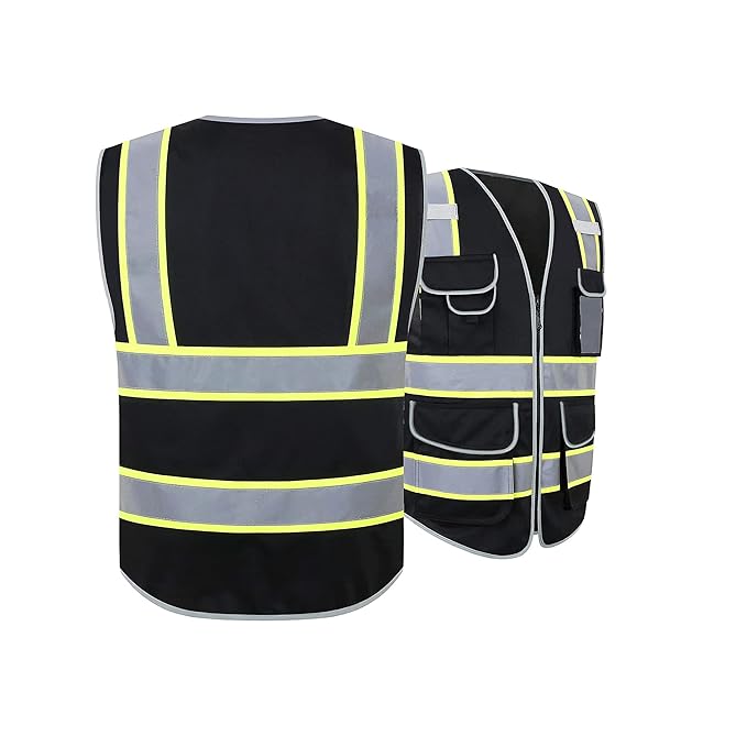 High Visibility Safety Vest, Reflective Neon Waistcoat for Running, Cycling and Sports with 2 Inch Reflective Strips (Black)