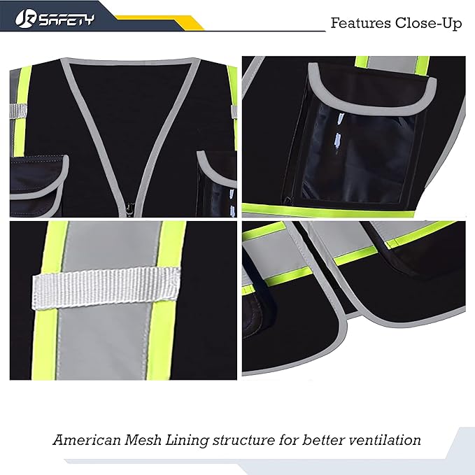 High Visibility Safety Vest, Reflective Neon Waistcoat for Running, Cycling and Sports with 2 Inch Reflective Strips (Black)