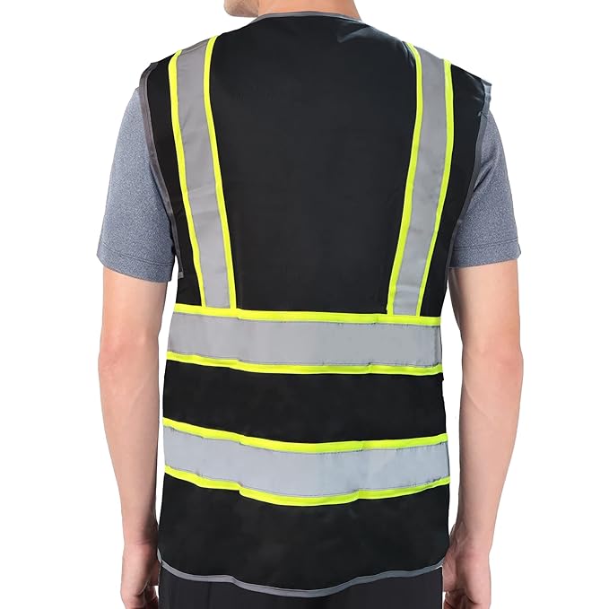High Visibility Safety Vest, Reflective Neon Waistcoat for Running, Cycling and Sports with 2 Inch Reflective Strips (Black)