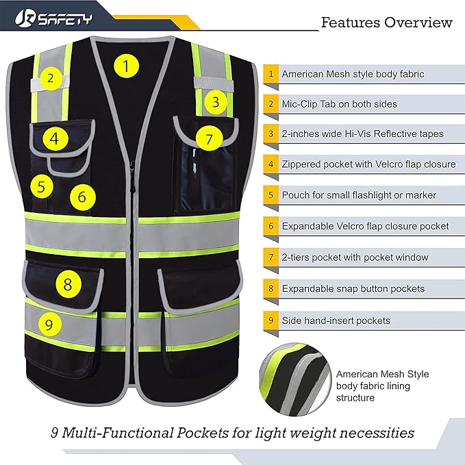 High Visibility Safety Vest, Reflective Neon Waistcoat for Running, Cycling and Sports with 2 Inch Reflective Strips (Black)