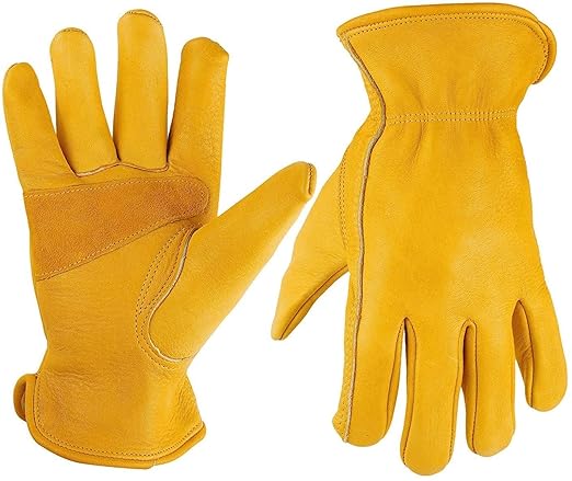 Reinforced Leather Work Gloves with Palm Patch for Gardening, Farming, Construction, Warehousing, Motorcycling, Truck Driving - 10 Inches - Yellow - Pack of 1