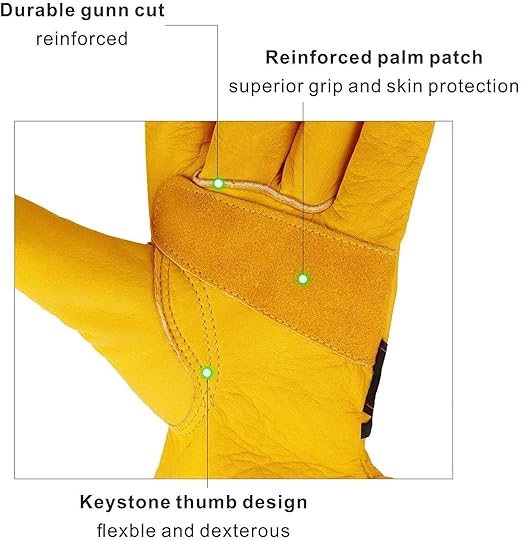 Reinforced Leather Work Gloves with Palm Patch for Gardening, Farming, Construction, Warehousing, Motorcycling, Truck Driving - 10 Inches - Yellow - Pack of 1