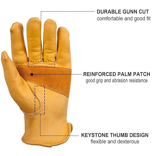 Reinforced Leather Work Gloves with Palm Patch for Gardening, Farming, Construction, Warehousing, Motorcycling, Truck Driving - 10 Inches - Yellow - Pack of 1