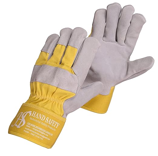 Premium Split Cowhide Leather and Cotton Work Gloves Ideal for Welding, Construction, Gardening, Animal handling (Grey, Yellow) Pack of 1