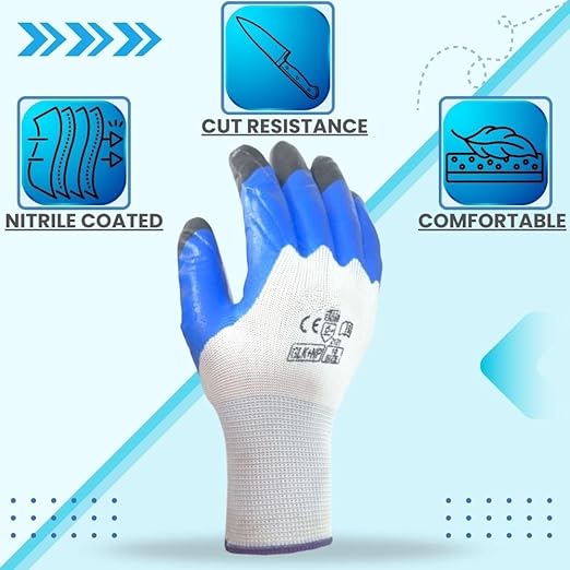 Nitrile Coated Safety Gloves for Men - Industrial, Gardening, Construction & Mechanical - Blue, Pack of 5 Pairs