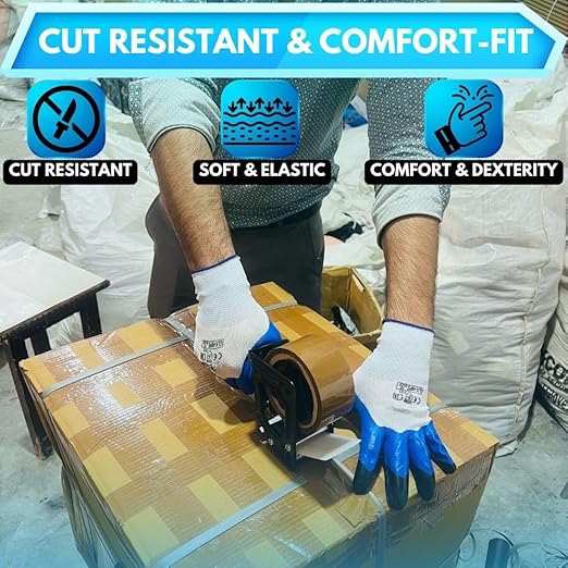 Nitrile Coated Safety Gloves for Men - Industrial, Gardening, Construction & Mechanical - Blue, Pack of 5 Pairs