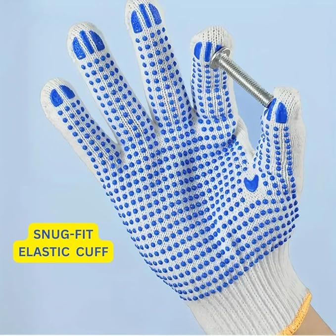 White On Blue Dotted Hand Gloves Use for Bike Rider, Construction, Gardening, Assembling General Purpose Use Safety Hand Gloves (WHITE ON BLUE, PACK OF 5 PAIR)