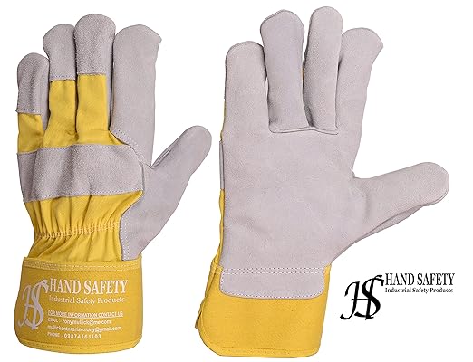 Premium Split Cowhide Leather and Cotton Work Gloves Ideal for Welding, Construction, Gardening, Animal handling (Grey, Yellow) Pack of 1
