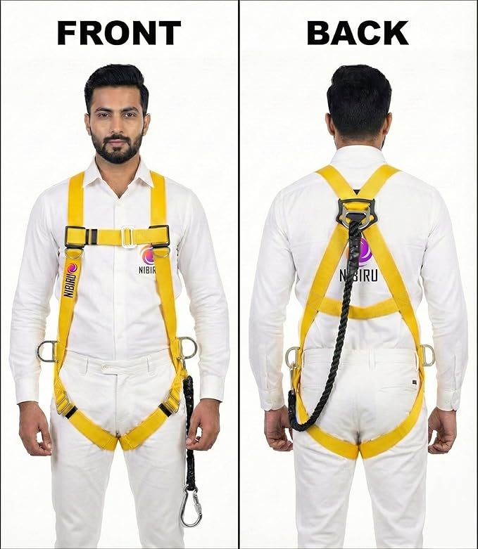 Full Body Climbing Harness Safety Belt for Fall Protection - Single Rope Lanyard with Solid Steel Snap Hook - Adjustable Industrial Safety Equipment for Lineman, Painting