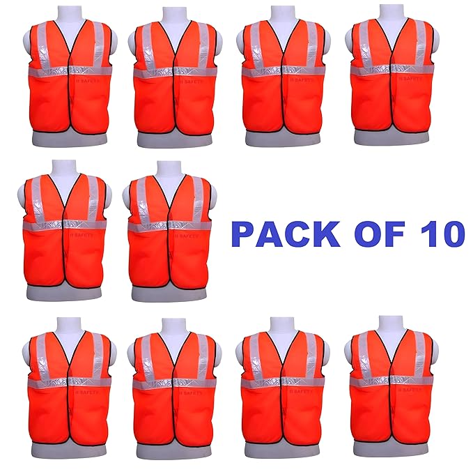Reflective High Visibility Safety Jacket for Men | Construction Work | Orange Industrial Jacket | Labour Safety (Pack of 10)