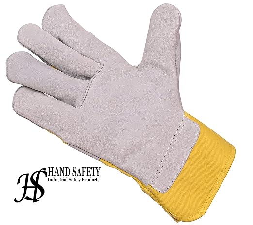 Premium Split Cowhide Leather and Cotton Work Gloves Ideal for Welding, Construction, Gardening, Animal handling (Grey, Yellow) Pack of 1