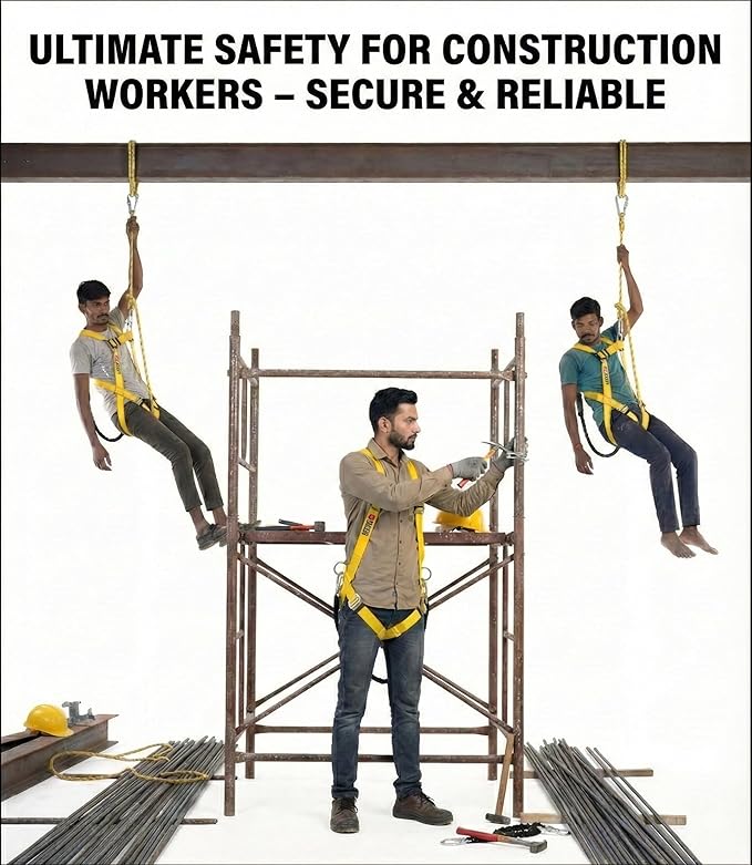 Full Body Climbing Harness Safety Belt for Fall Protection - Single Rope Lanyard with Solid Steel Snap Hook - Adjustable Industrial Safety Equipment for Lineman, Painting