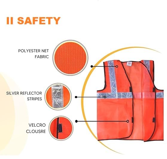 Reflective High Visibility Safety Jacket for Men | Construction Work | Orange Industrial Jacket | Labour Safety (Pack of 10)