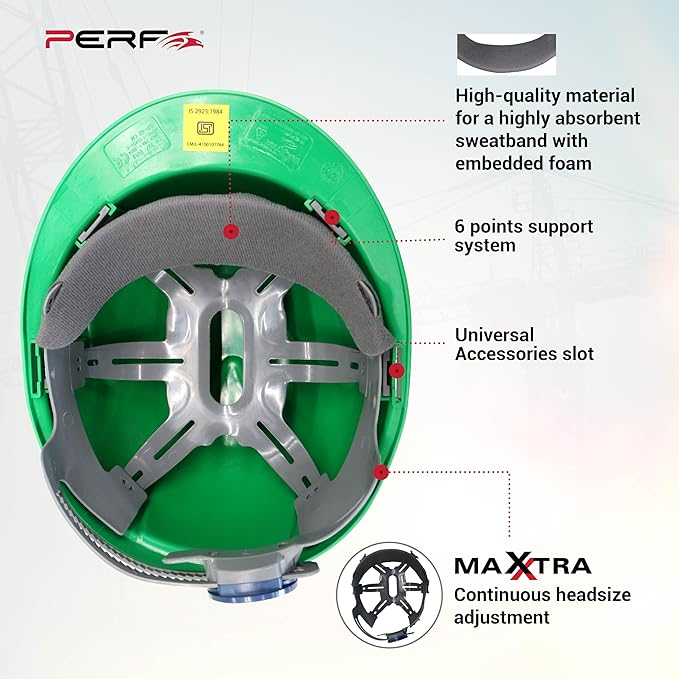 Safety Helmet for Construction & Outdoor Work|Easy 3D Fitting System for Any Head Size|Lightweight|4-Point Support, Easy Impact Absorption Sweatband|Maxxtra|Green
