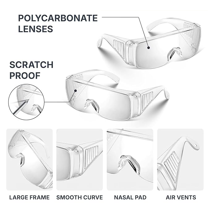 Safety Goggles for Men & Women | Bike Riding & Dust Safety Transparent Glasses | Lightweight, Anti-Fog, UV Protective, Scratch-Resistant Polycarbonate Lens for Lab & Industrial Use