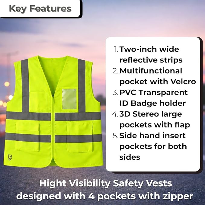 High Visibility Safety Vest with Reflective Strips, Unisex Fluorescent Workwear Jacket for Construction, Road Safety & Night Work, Zip Closure