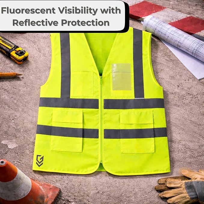 High Visibility Safety Vest with Reflective Strips, Unisex Fluorescent Workwear Jacket for Construction, Road Safety & Night Work, Zip Closure