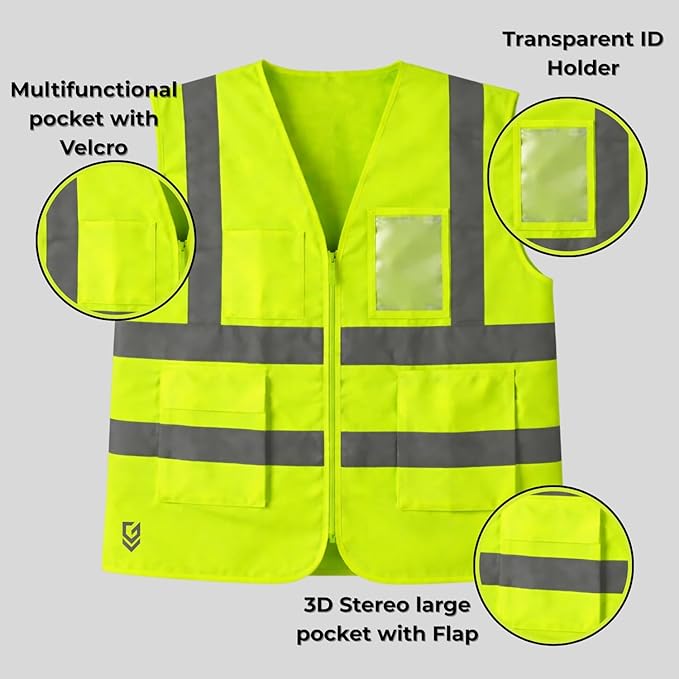 High Visibility Safety Vest with Reflective Strips, Unisex Fluorescent Workwear Jacket for Construction, Road Safety & Night Work, Zip Closure