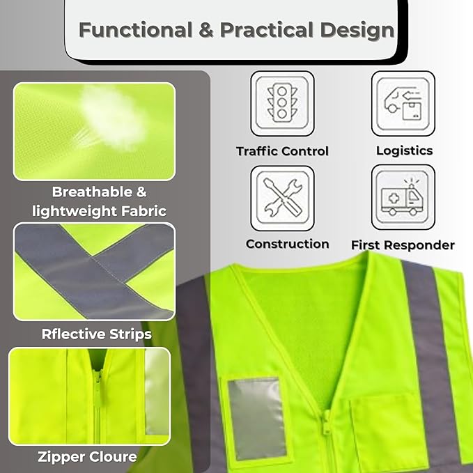 High Visibility Safety Vest with Reflective Strips, Unisex Fluorescent Workwear Jacket for Construction, Road Safety & Night Work, Zip Closure