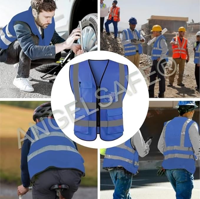 Safety Jacket Unisex Multi Purpose 4 Pockets, 2inch Highly Reflective Stripes | More Visible With 360 Degree Visibility for Construction & Road Safety