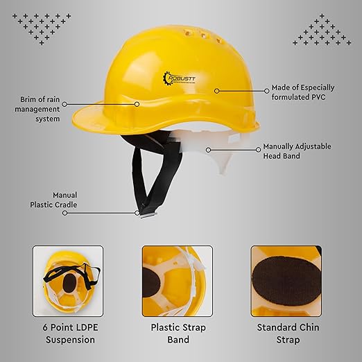 Safety Helmet - Yellow (Pack of 1) | Adjustable Headband | Heavy Duty Material | As Per ISI Safety Standard | Non Irritant and Soft Fabric | Lightweight and Durable