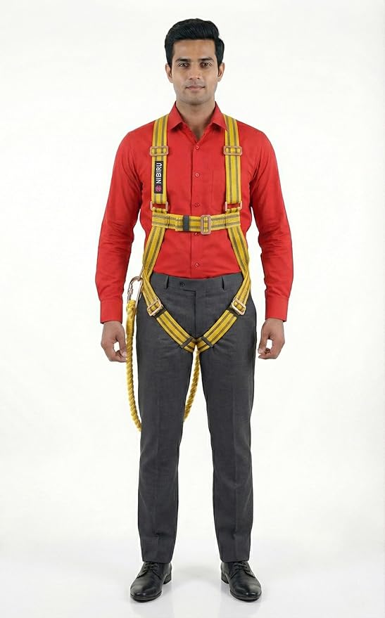 Full Body Climbing Harness & Safety Belt (Single Rope Lanyard Steel Snap Hook) Industrial Fall Protection for Construction, Electrician, Lineman, Painting. Adjustable (Free Size) Safety Gear