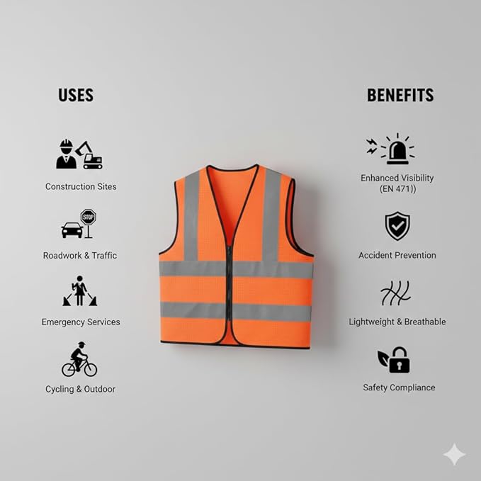 Reflective Safety Jacket | Hi-Visibility Orange Construction Safety Waistcoat | High Reflective Strips | Lightweight & Durable | Free Size