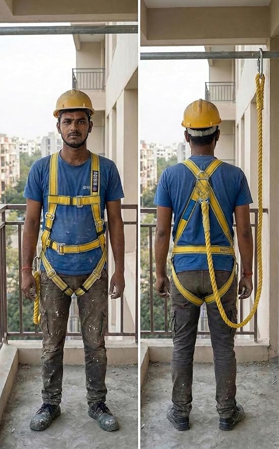 Full Body Climbing Harness & Safety Belt (Single Rope Lanyard Steel Snap Hook) Industrial Fall Protection for Construction, Electrician, Lineman, Painting. Adjustable (Free Size) Safety Gear