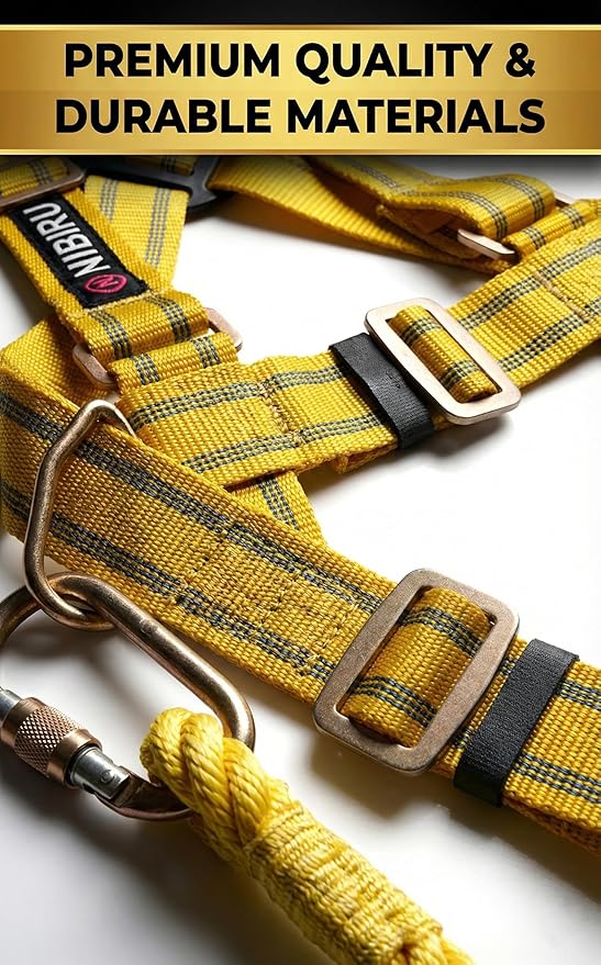 Full Body Climbing Harness & Safety Belt (Single Rope Lanyard Steel Snap Hook) Industrial Fall Protection for Construction, Electrician, Lineman, Painting. Adjustable (Free Size) Safety Gear