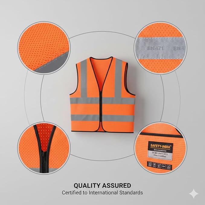 Reflective Safety Jacket | Hi-Visibility Orange Construction Safety Waistcoat | High Reflective Strips | Lightweight & Durable | Free Size