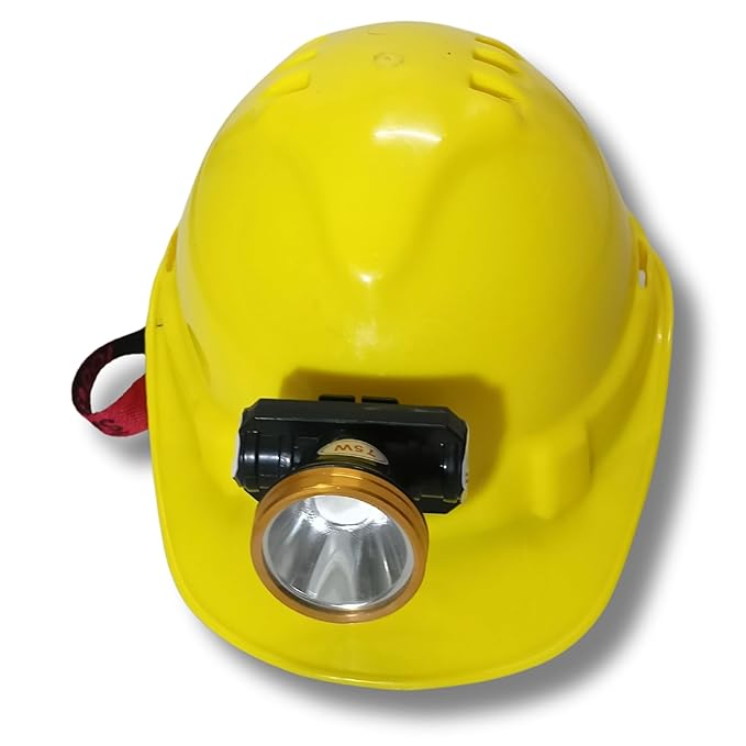 Safety Helmet with Torch for Construction & Outdoor Activities | Lightweight, Comfortable & Durable Hard Hat (Size - 540-590mm) | Adjustable Chin Strap & Rachet Type Adjustment Yellow Color