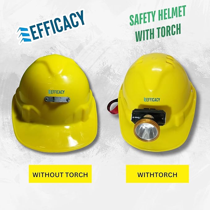 Safety Helmet with Torch for Construction & Outdoor Activities | Lightweight, Comfortable & Durable Hard Hat (Size - 540-590mm) | Adjustable Chin Strap & Rachet Type Adjustment Yellow Color