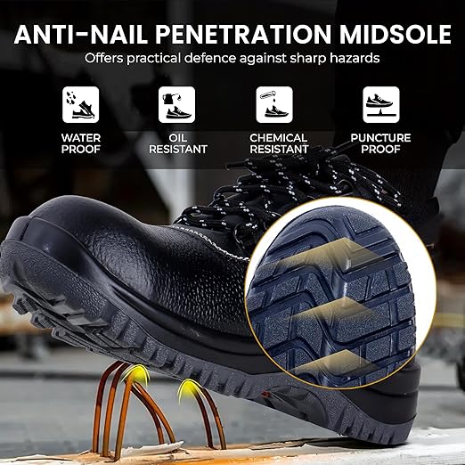 Double Density Low Ankle Steel Toe Safety Shoes for Industrial Work | Waterproof Leather Material | Puncture Proof | Anti- Skid