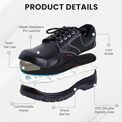 Double Density Low Ankle Steel Toe Safety Shoes for Industrial Work | Waterproof Leather Material | Puncture Proof | Anti- Skid