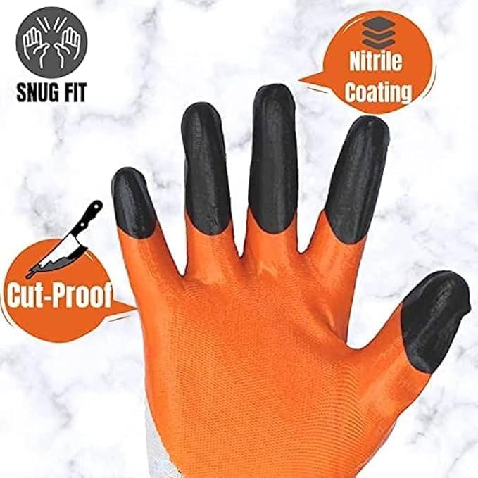Multipurpose Nylon Anti Cut PU Nitrile Coating Work Safety Gloves, Hand & Fingers, Gardening, Mechanical, Construction, Agriculture & Automotive – Durable & Comfortable (5 Pairs Orange)