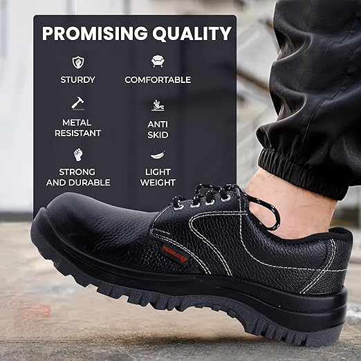 Double Density Low Ankle Steel Toe Safety Shoes for Industrial Work | Waterproof Leather Material | Puncture Proof | Anti- Skid