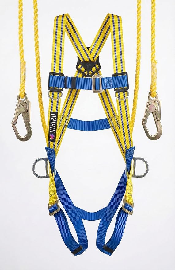 Climbing Harness Full Body Safety Belt (Double Scaffolding Hook) Industrial Fall Arrest, Double Rope Lanyard for Construction, Tower, Height Work. Adjustable Free Size Electrician Gear