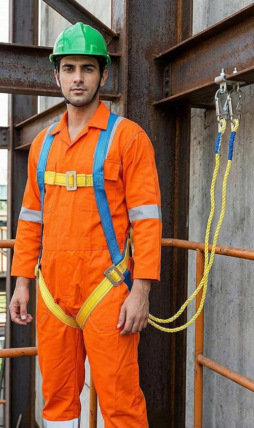 Climbing Harness Full Body Safety Belt (Double Scaffolding Hook) Industrial Fall Arrest, Double Rope Lanyard for Construction, Tower, Height Work. Adjustable Free Size Electrician Gear