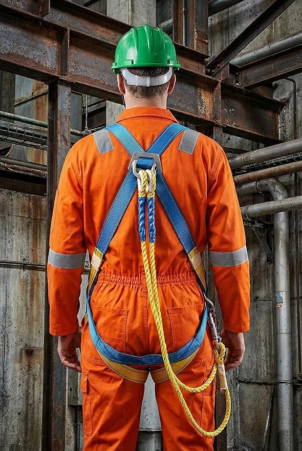 Climbing Harness Full Body Safety Belt (Double Scaffolding Hook) Industrial Fall Arrest, Double Rope Lanyard for Construction, Tower, Height Work. Adjustable Free Size Electrician Gear