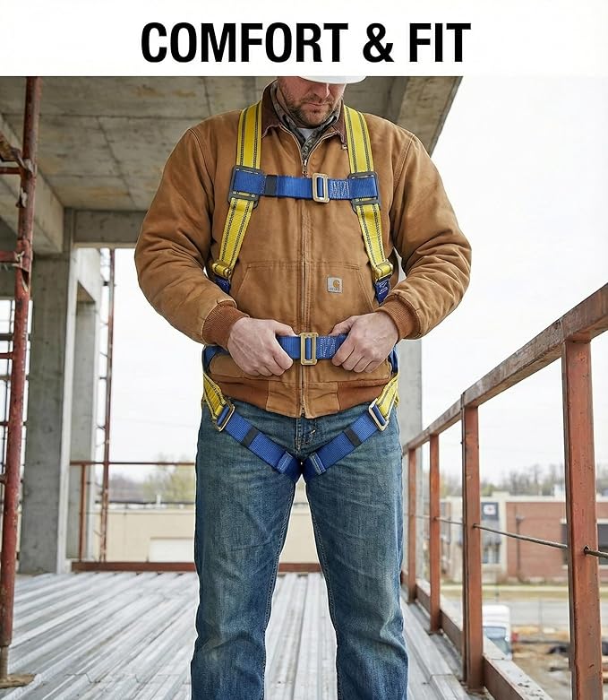 Climbing Harness Full Body Safety Belt (Double Scaffolding Hook) Industrial Fall Arrest, Double Rope Lanyard for Construction, Tower, Height Work. Adjustable Free Size Electrician Gear
