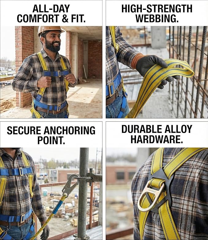 Climbing Harness Full Body Safety Belt (Double Scaffolding Hook) Industrial Fall Arrest, Double Rope Lanyard for Construction, Tower, Height Work. Adjustable Free Size Electrician Gear