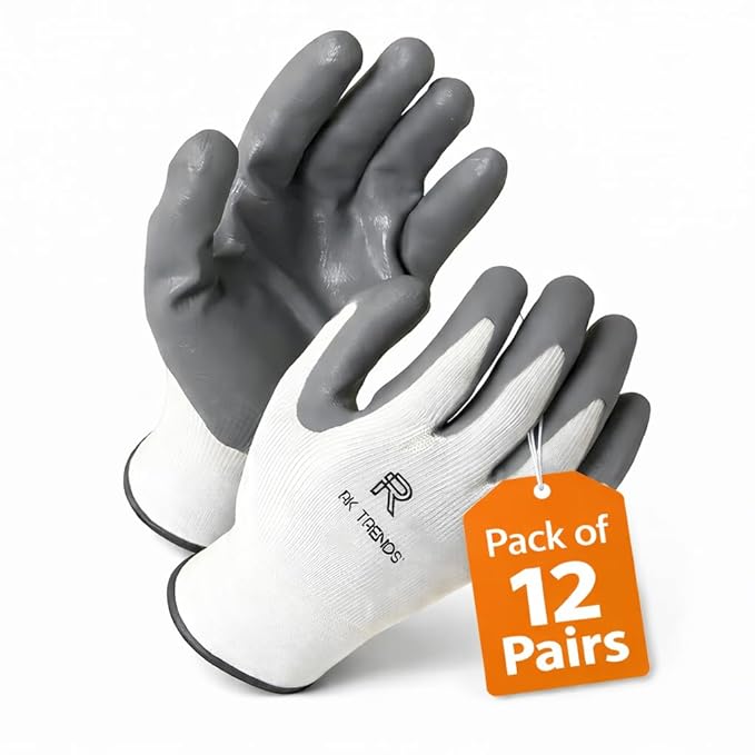 Nylon Safety Gloves 12 Pairs-Heavy-Duty For Construction, Mechanics, Gardening, Plumbing &Automotive Work-Durable &Comfortable